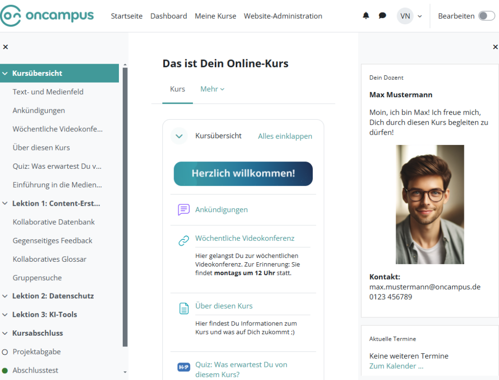 Moodle LMS Beispielkurs oncampus