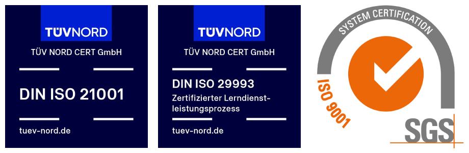 Siegel TÜV Nord Zertifizierungen nach ISO 21001, ISO 29993 und ISO 9001